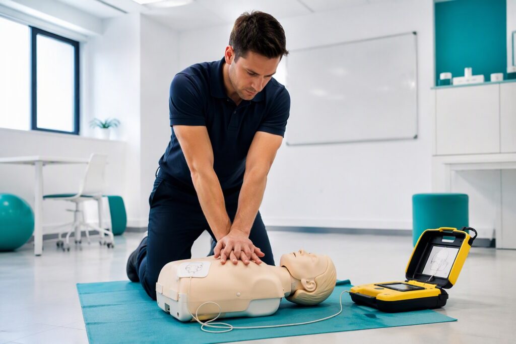 Corso ECM Basic Trauma Care e BLS-D: soccorritore che pratica rianimazione cardiopolmonare con defibrillatore DAE